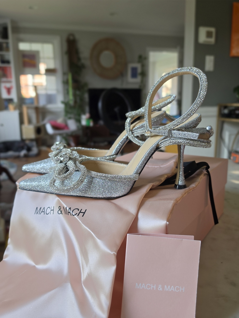 MACH & MACH Silver Crystal Slingback Double Bow Glitter Heels Size 38/8 Sold Out